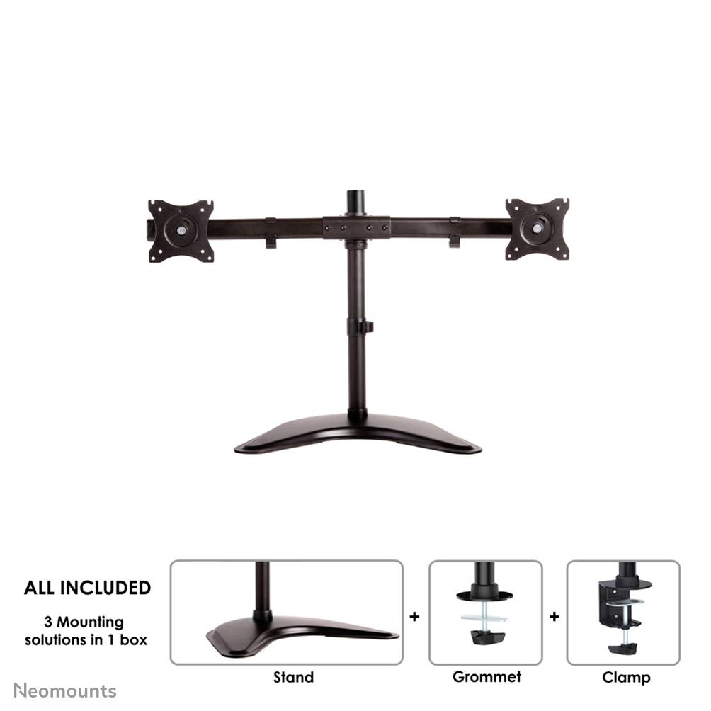 'Neomounts' monitor mount with two arms, including stand, installation set and clamp for attachment, shown on a white background.