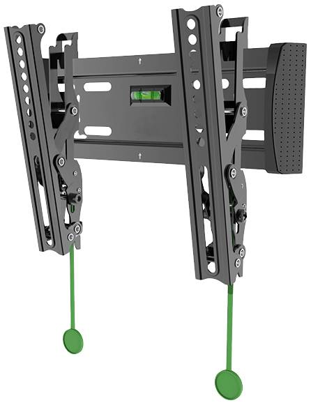 A black TV wall mount with an integrated spirit level and green safety cords, hanging vertically against a white wall.