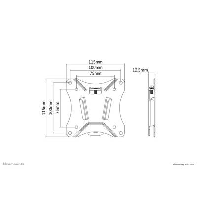 Technical drawing of a VESA mounting adapter with dimensions: 75x75 mm and 100x100 mm; side view shows thickness of 12.5 mm.