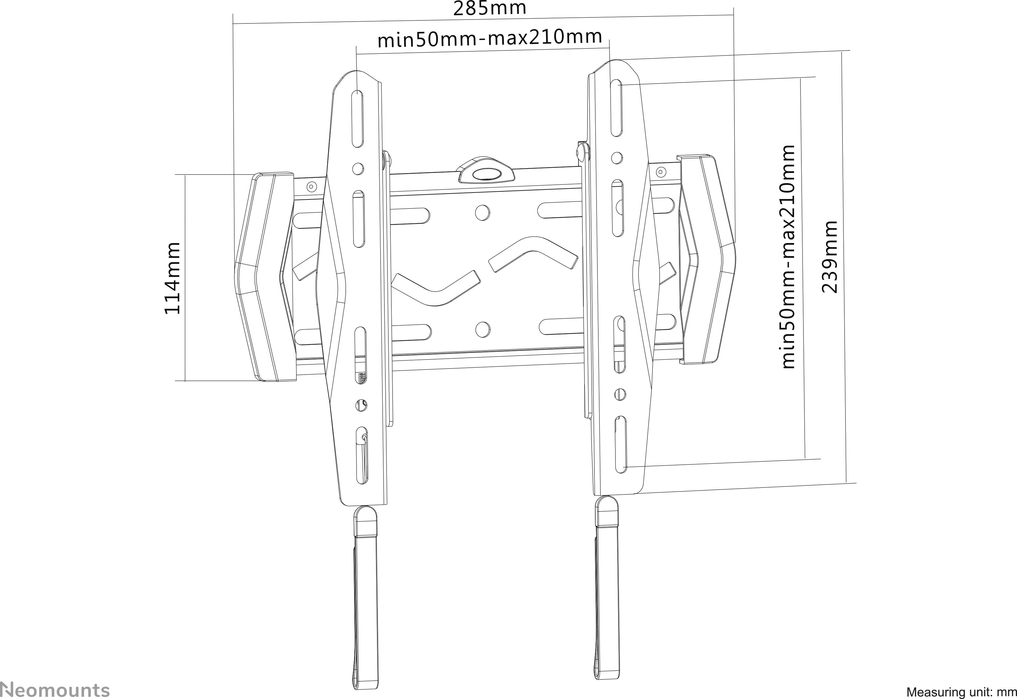 Technical drawing of a TV wall mount by Neomounts. Dimensions: Width 285 mm, Height 239 mm. Adjustable mounting hole spacings.