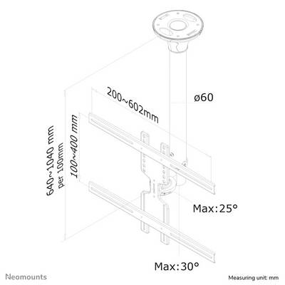 A diagram shows an adjustable ceiling mount with dimensions: height 640-1040 mm, width 200-602 mm. Tilt: Maximum 25° vertical, 30° horizontal. Unit: mm.