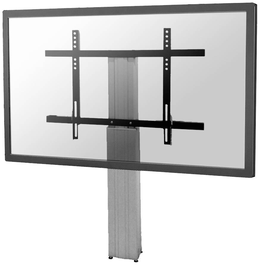 Flat screen mounted on an adjustable height stand. The stand is vertically aligned and made of metal.