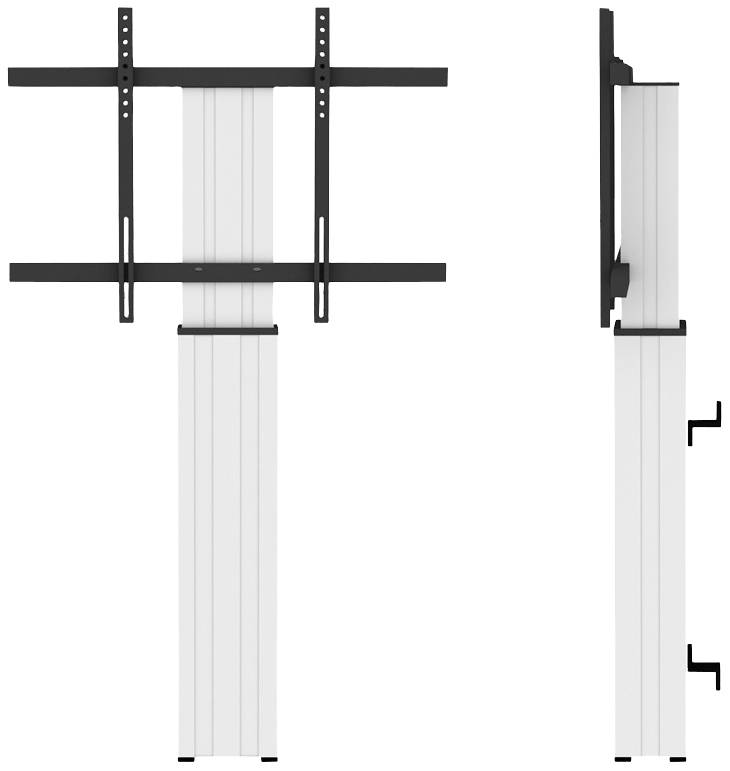 Front and side view of a white vertical aluminium TV mount with a black mounting frame. Perfect for wall mounting.