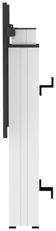 Side view of a vertical, rectangular white panel with two black, Z-shaped brackets attached to the right side.