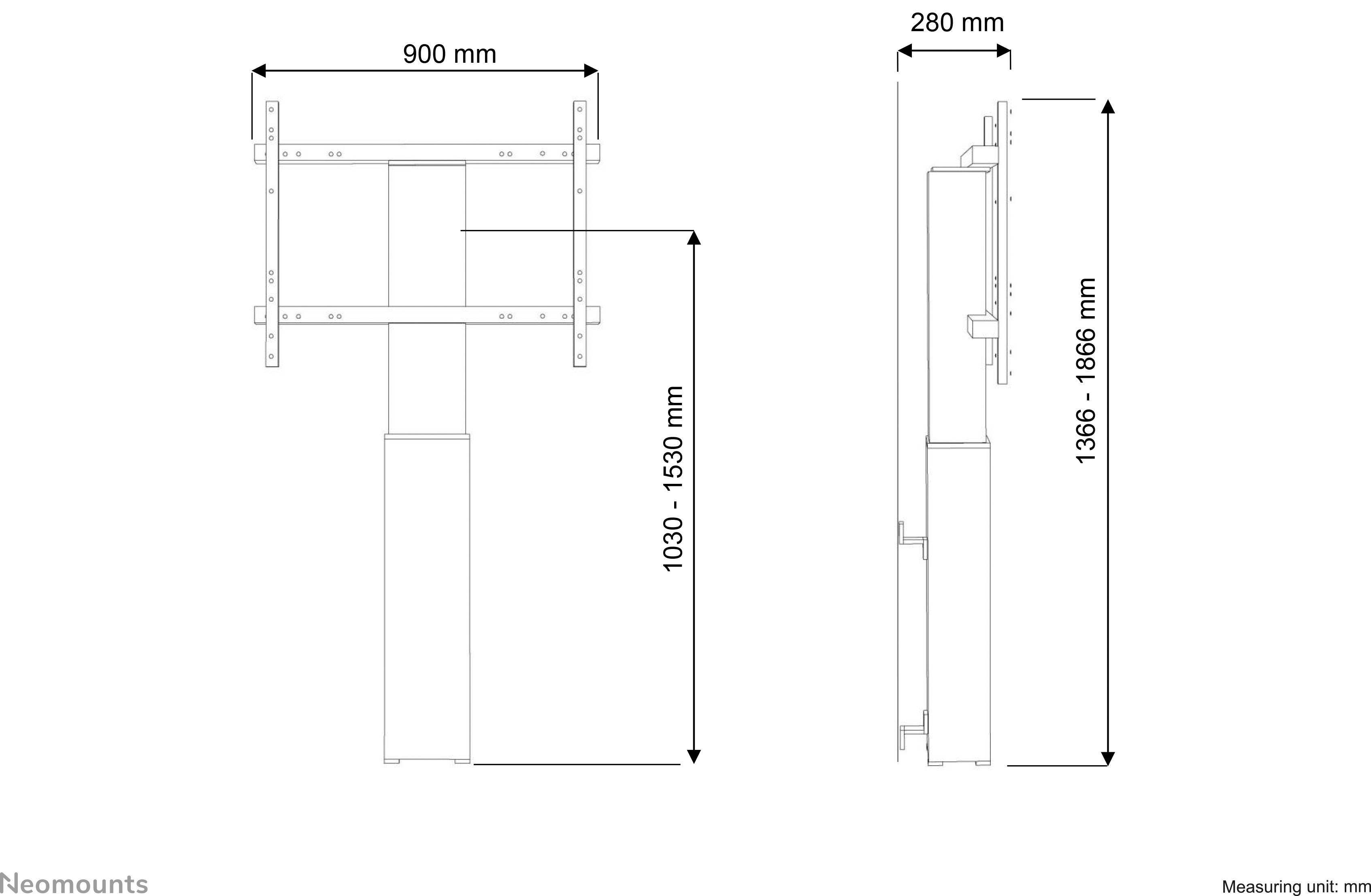 Technical Drawing of a TV Mount with Dimensions: Height 1030-1530 mm, Width 900 mm, Depth 280 mm, Total Height 1366-1866 mm.
