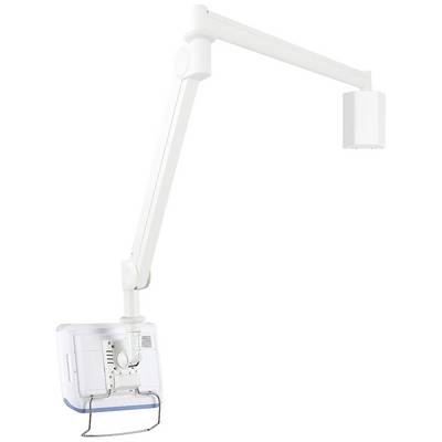 A white, adjustable wall-mounted arm with a mounted device, potentially suitable for medical or technical applications.