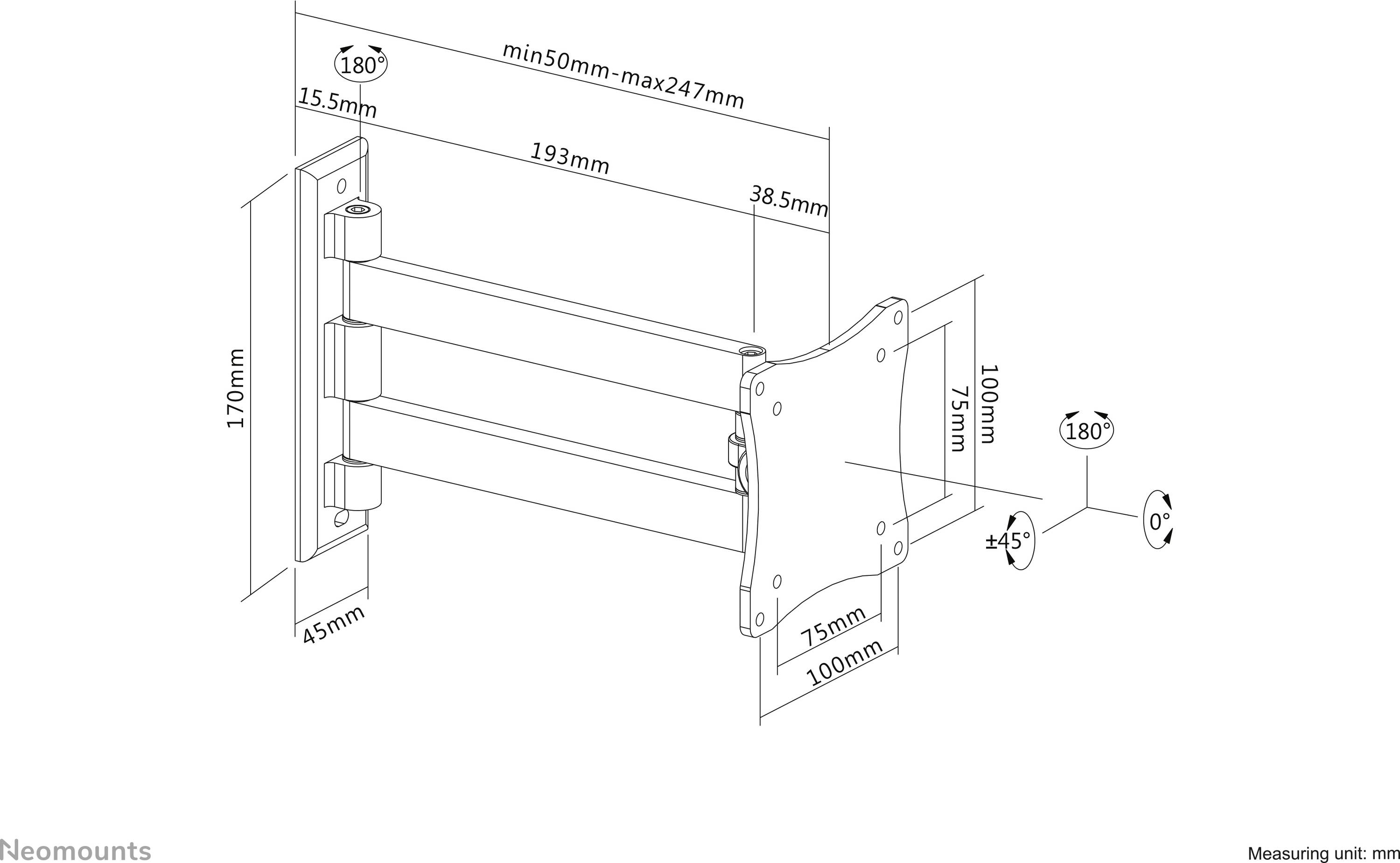 Technical drawing of an adjustable monitor mount with dimensions in millimetres. Shows joints and tilt angles from +5° to -15°.