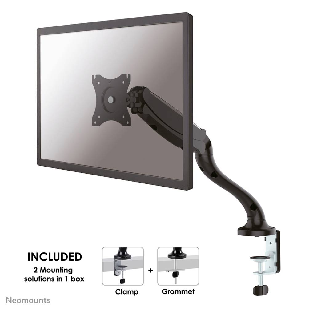 A monitor is attached to an adjustable black arm. Two mounting solutions, clamp and grommet mount, are included.