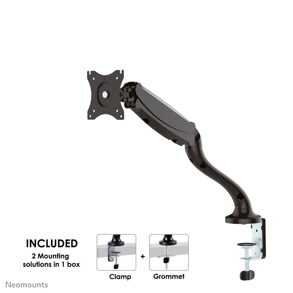 Monitor mount with flexible arm, suitable for a single screen. Includes two mounting solutions: clamp and grommet.