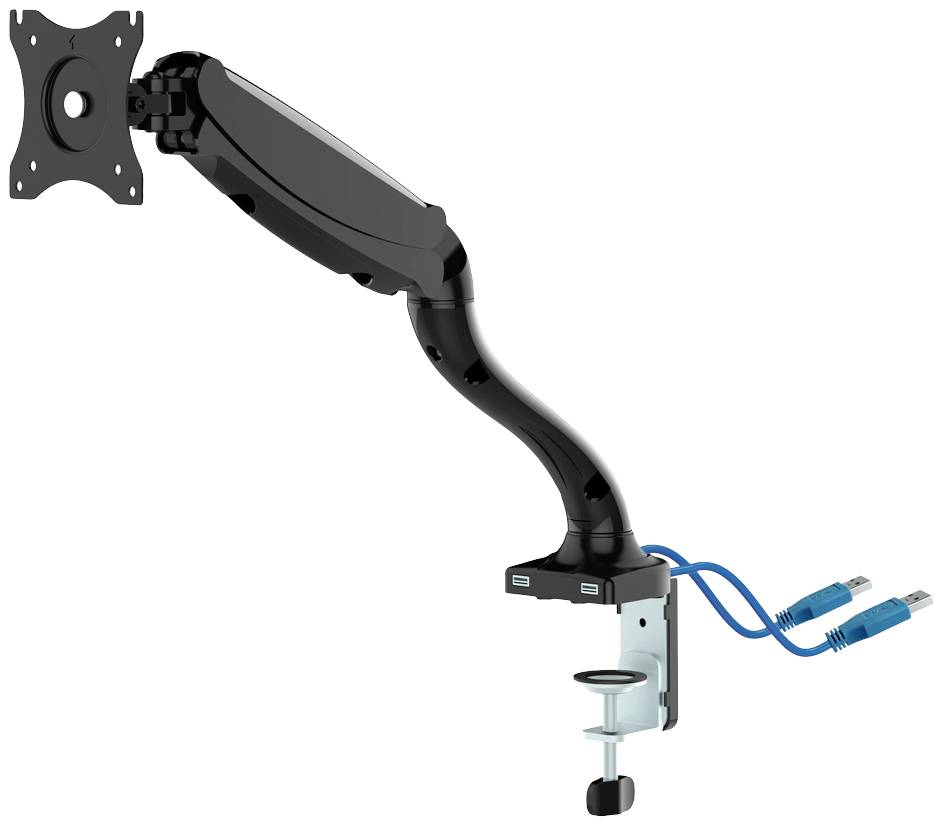 'Monitor mount with adjustable arm, desk clamp and two blue cables. Suitable for mounting monitors on desks.'