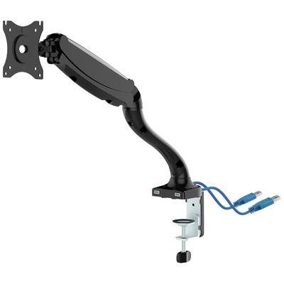 'Monitor mount with adjustable arm, desk clamp and two blue cables. Suitable for mounting monitors on desks.'