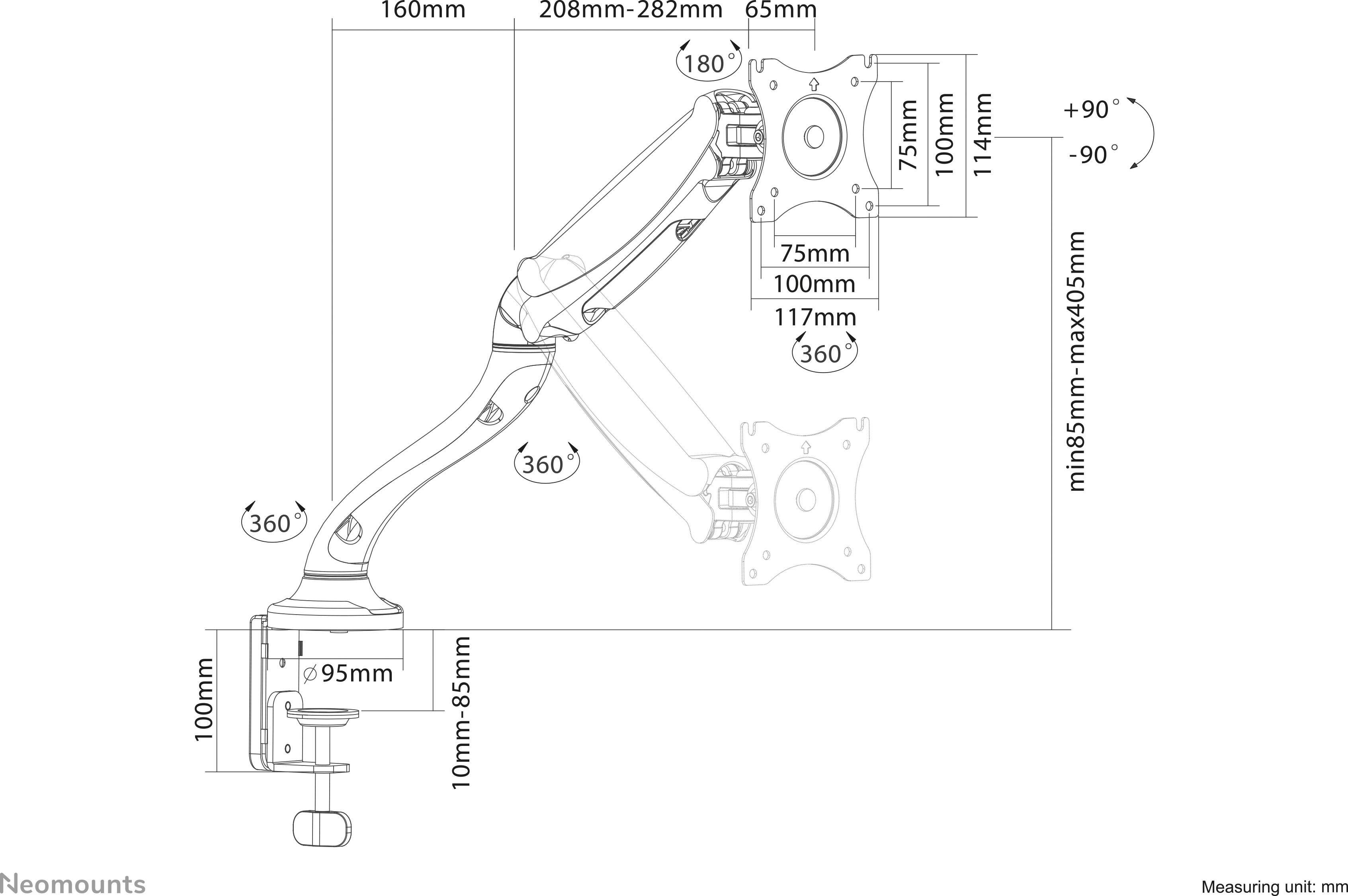 'Technical drawing of an adjustable monitor arm. Height: min. 85 mm - max. 405 mm. Tilt: ±90°. Rotation: 360°.'