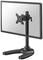 Black metal monitor mount with adjustable arm and sturdy base, suitable for attaching a display screen.