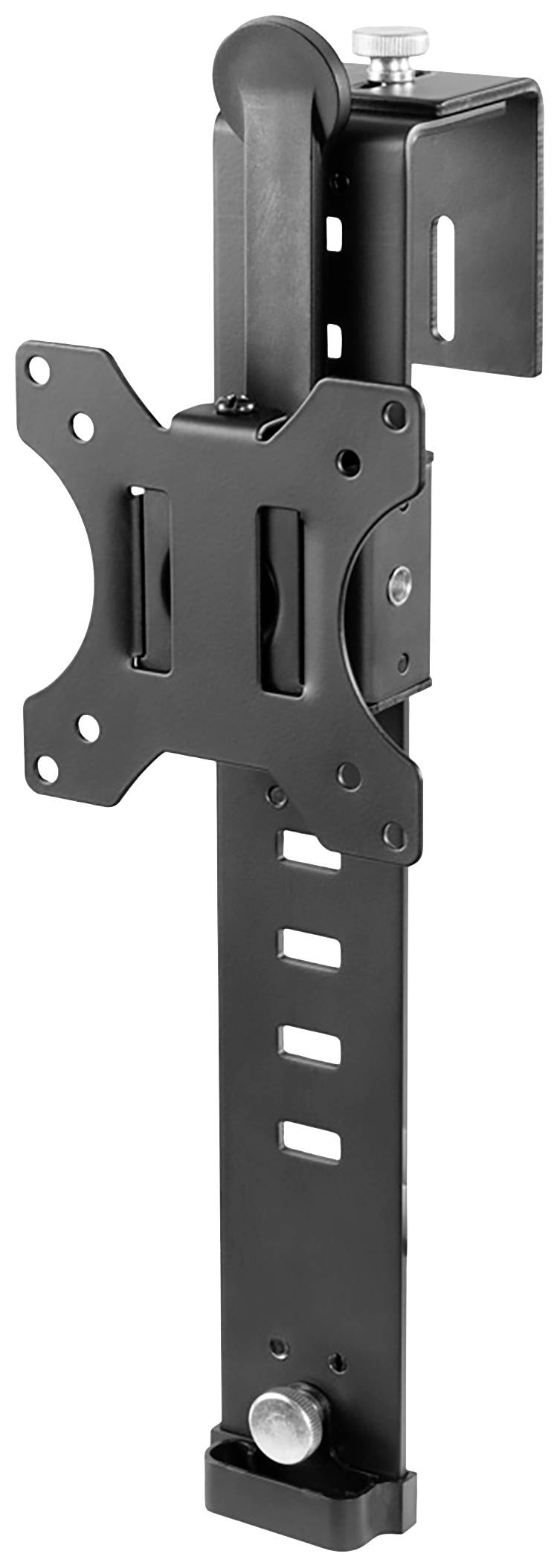 Adjustable metal mount for monitors or screens, with a black finish. Suitable for mounting on a wall or cabinet.