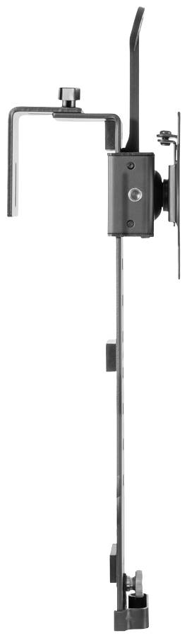 A vertical metal mechanism with an L-shaped arm, screws, and clamps. Used for mounting or holding devices.