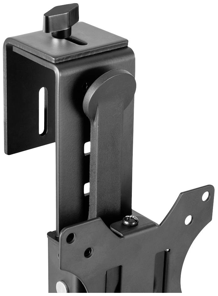 'Black metal monitor mount, adjustable with thumbscrew and mounting holes, suitable for desk installation.'