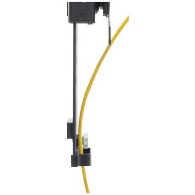 'Close-up view of a black plastic clip holding a yellow cable against a white background.'
