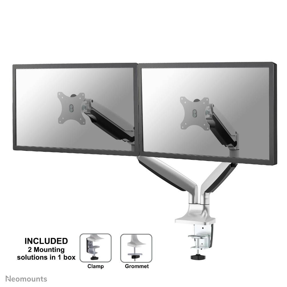 Double monitor arm with two screens, shown on an adjustable mounting system with clamp and through-hole mounting.