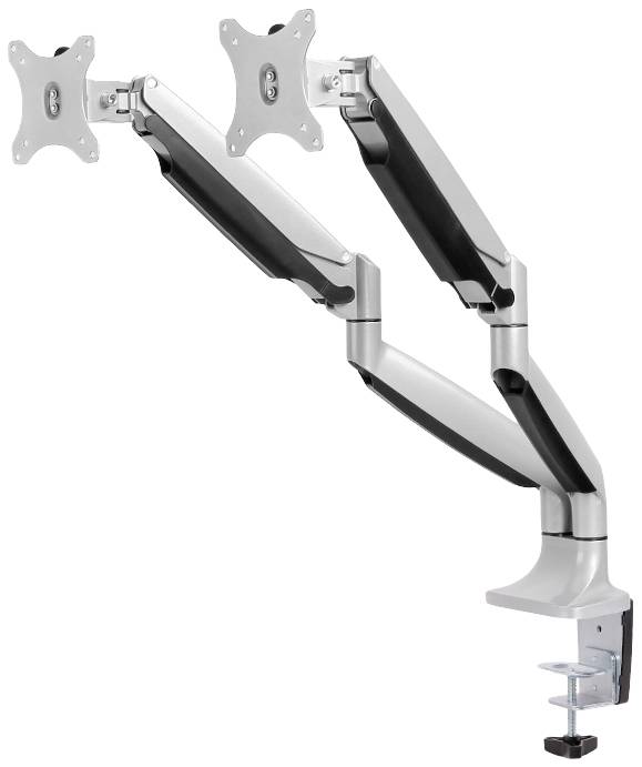 Dual monitor arm, adjustable, silver with black details, desk-mounted with clamp attachment.