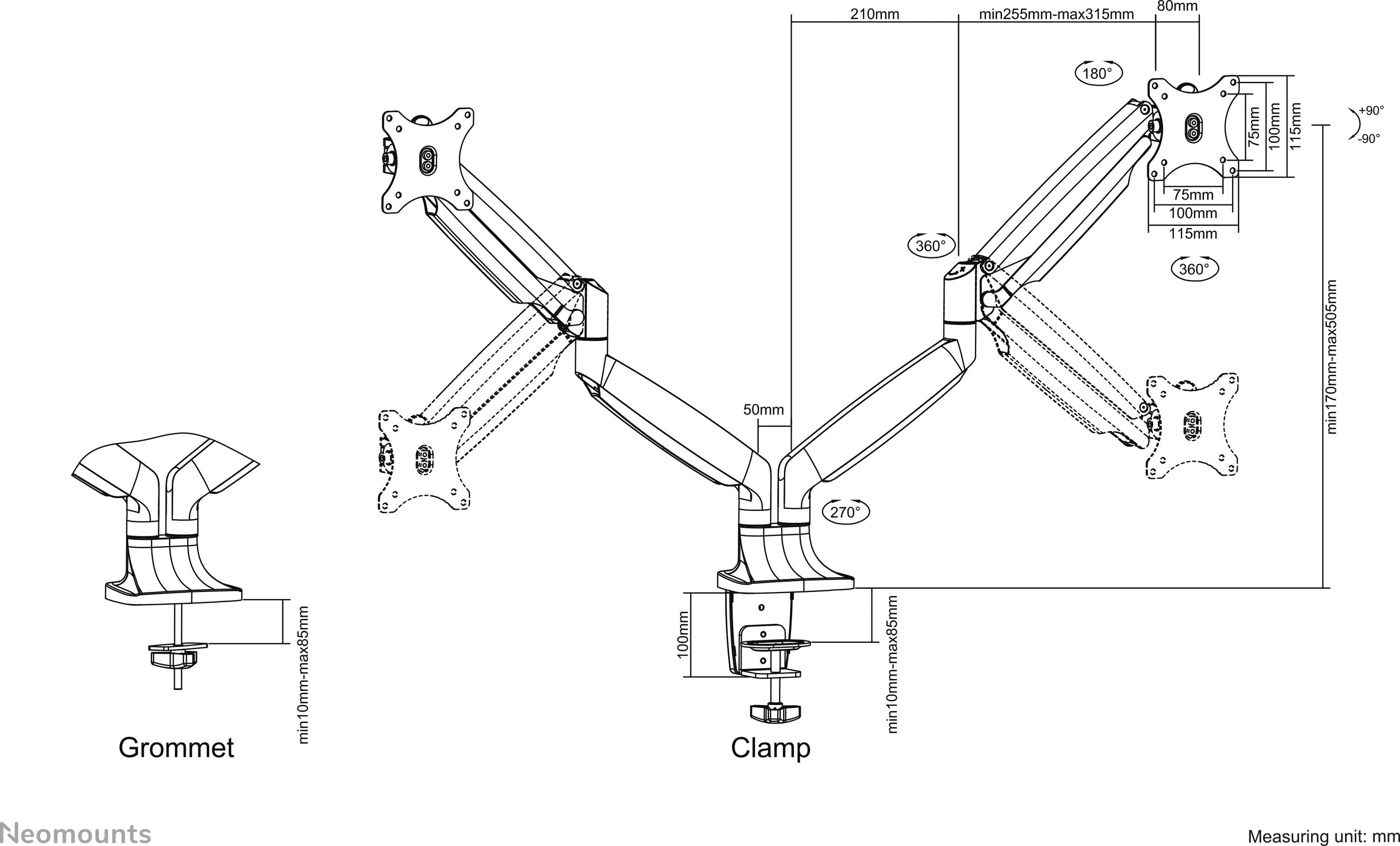 An adjustable monitor arm with two mounting options: grommet and clamp. Measurements and angles for optimal monitor positioning are provided.