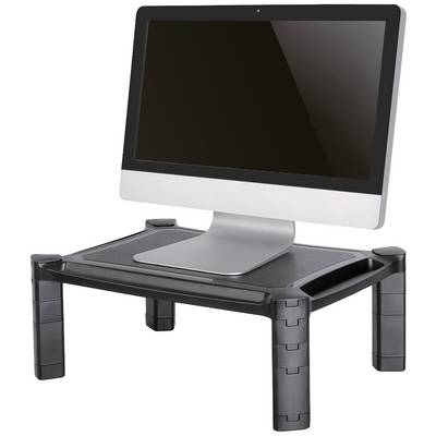 A computer monitor sits on a black, adjustable monitor stand against a white background.