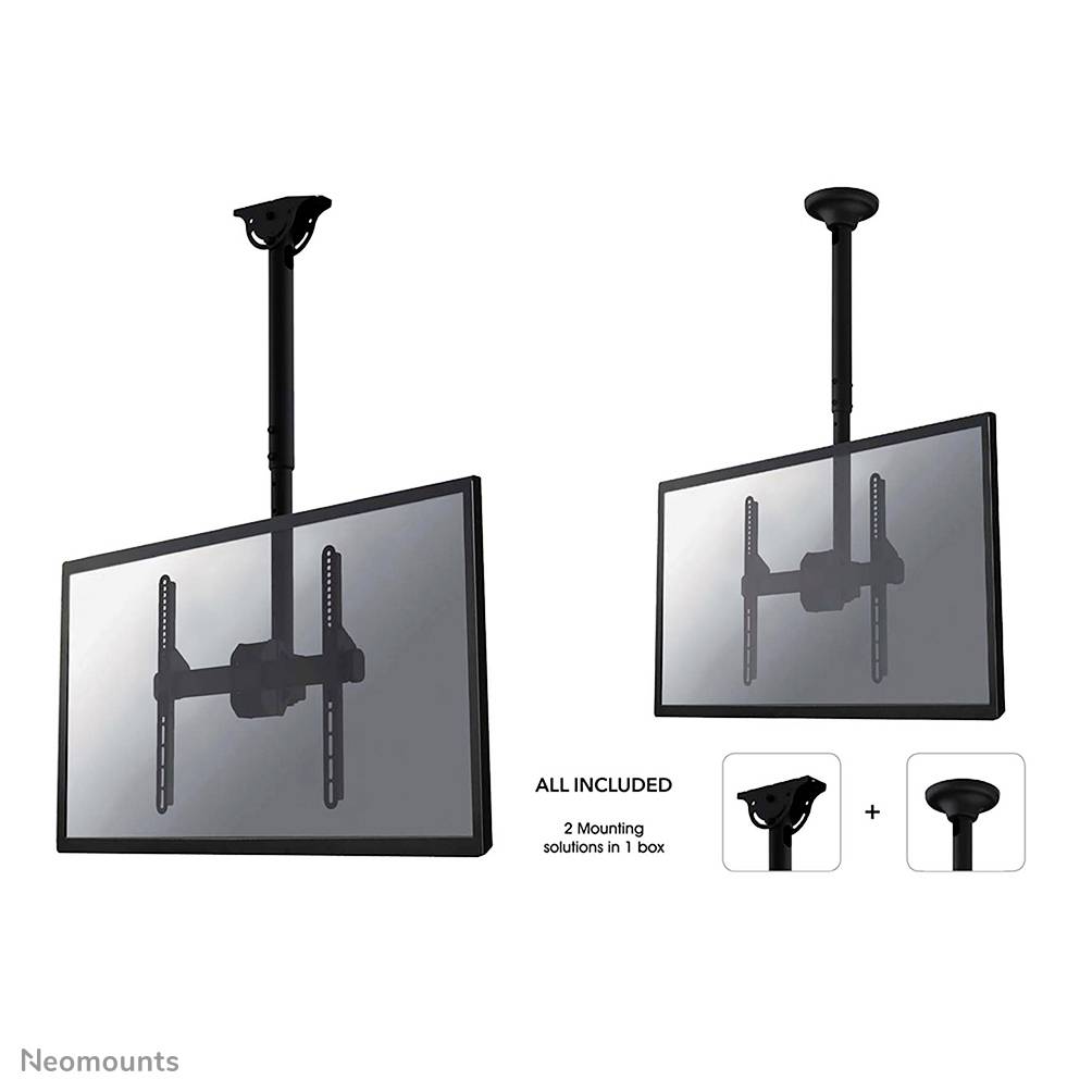 Ceiling mount for TV, with two mounting options, featuring two differently sized rods and a pivoting attachment.