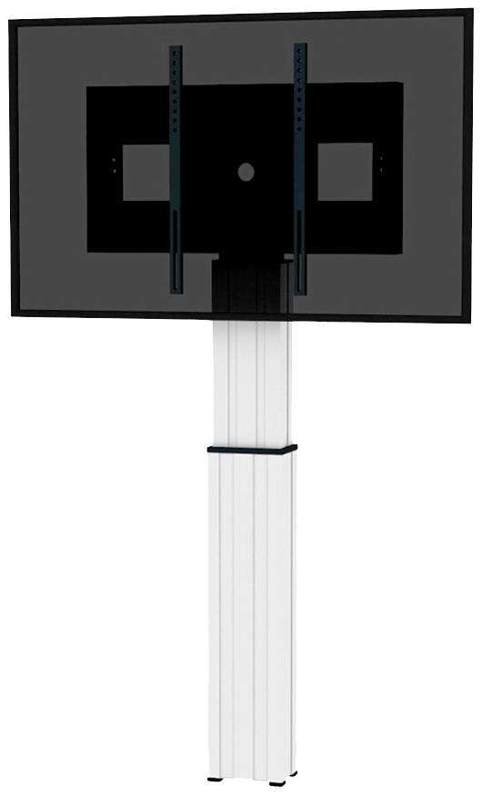 A flat-screen monitor is mounted on a white, height-adjustable stand. The screen is switched off and displays a black display.