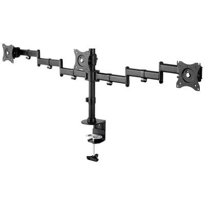 A black, triple monitor mount with a clamp for desk attachment. Suitable for mounting three monitors side by side.