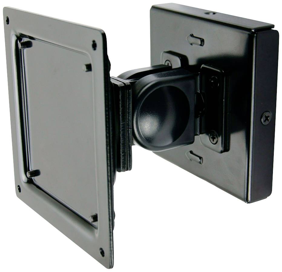 Metal bracket for monitor or television for wall mounting. Shows a joint that allows flexible tilting and swivelling.