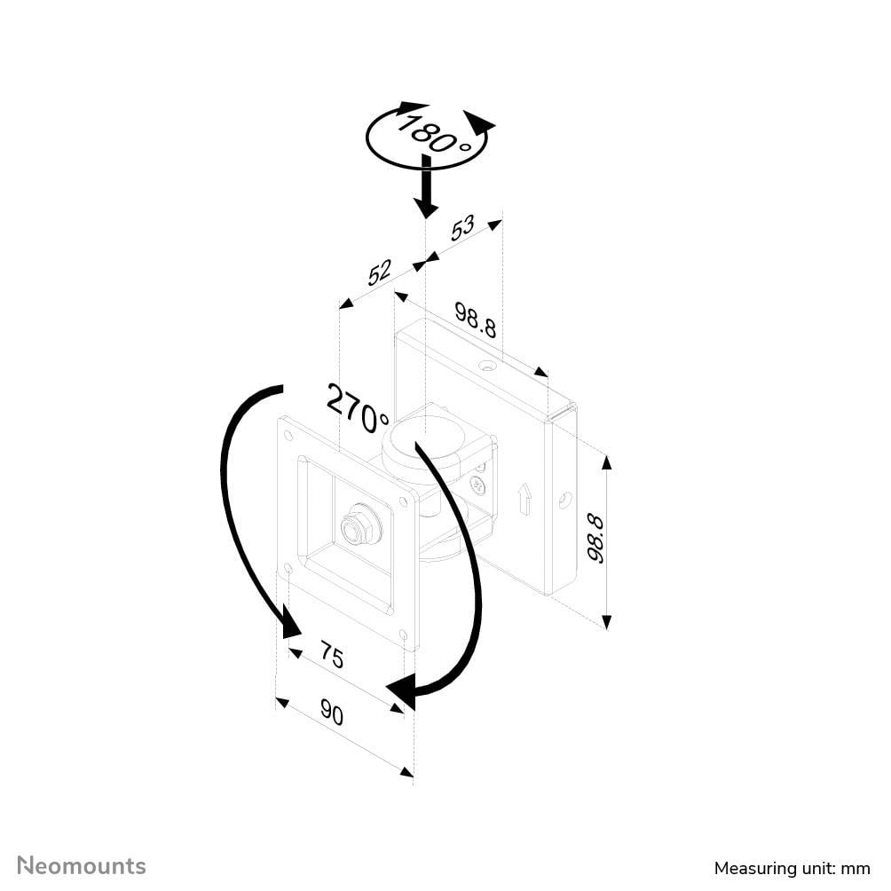 'Sketch of a mounting bracket with dimensions: height 90 mm, width 75 mm, depth 53 mm. Rotatable 270° horizontally and 180° vertically.'