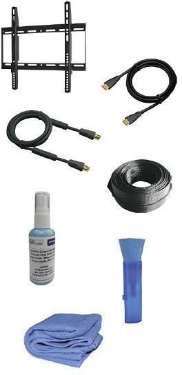 TV Accessory Set with a wall mount, two HDMI cables, cable ties, cleaning fluid, microfibre cloth and cleaning brush.