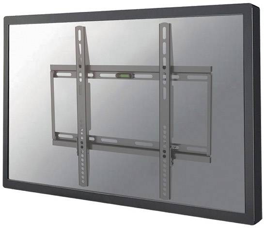 A black rectangular metal TV wall mount, installed on a reflective glass surface.