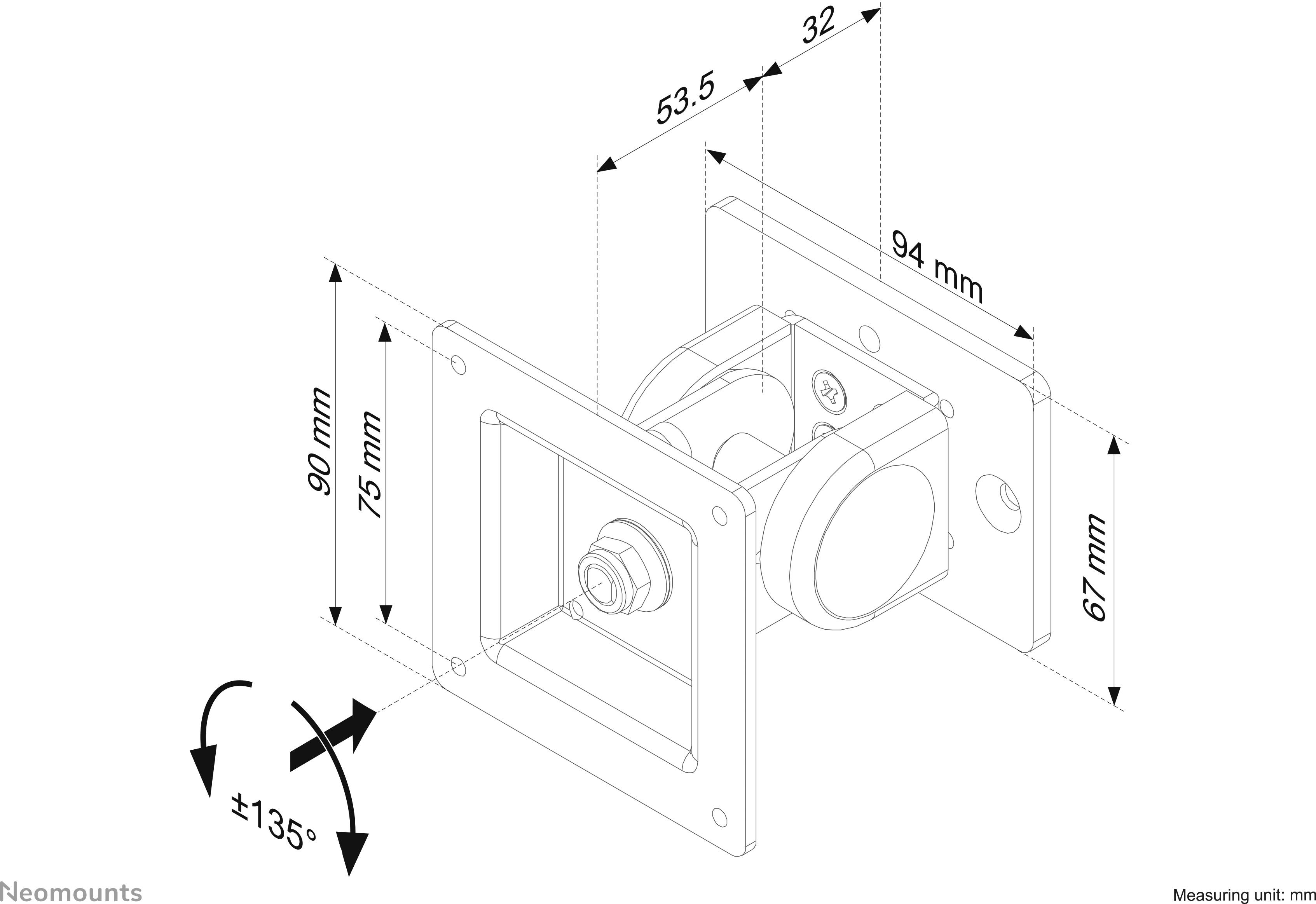 'Mounting bracket with dimensions: 53.5 mm wide, 94 mm deep. Adjustable tilt angle ±135°. Measurement in mm.'