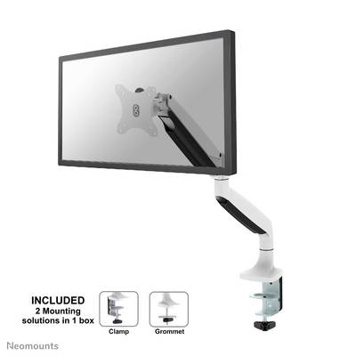 Monitor mount with flexible arm, suitable for monitors up to 27 inches. Includes clamp and grommet for mounting.