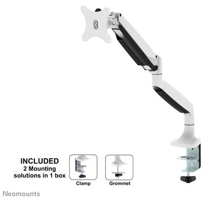 The monitor arm is finished in white and black. Two mounting options are included: clamp and through-desk mounting.