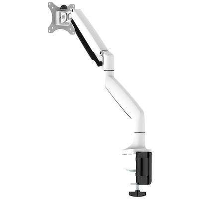 An adjustable monitor arm for desk mounting, in white and black, with a clamp for attachment. Ideal for flexible screen positioning.