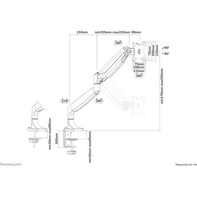 'Drawing of an adjustable monitor mount with dimensions and rotation angles. Includes details of maximum and minimum height and reach.'