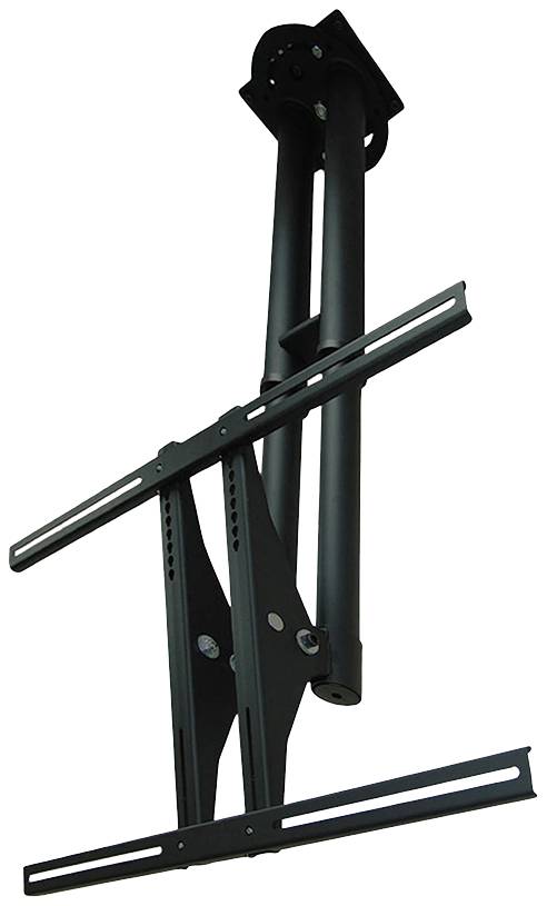TV ceiling mount in black, consisting of two elongated metal arms and a round ceiling plate.