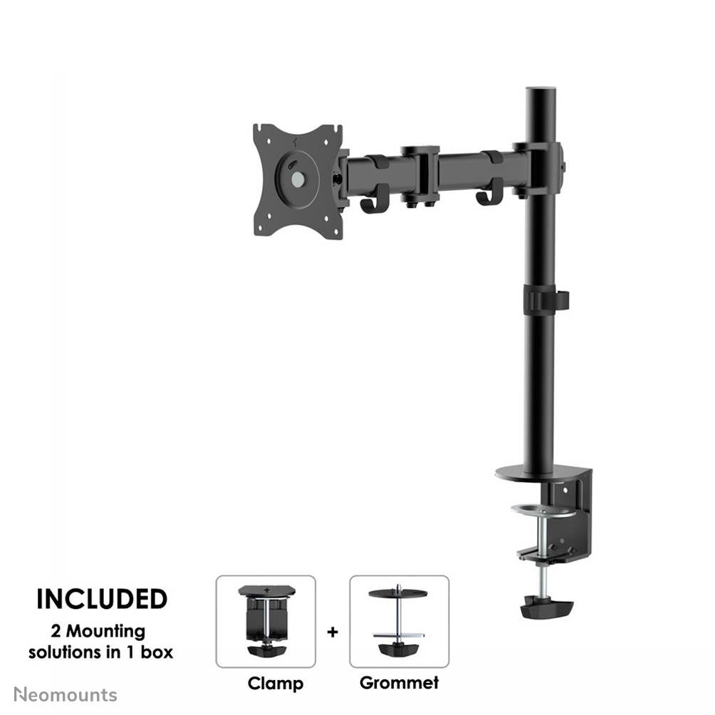 A black monitor arm for desk mounting with two mounting options: clamp and grommet. Includes both mounting methods.
