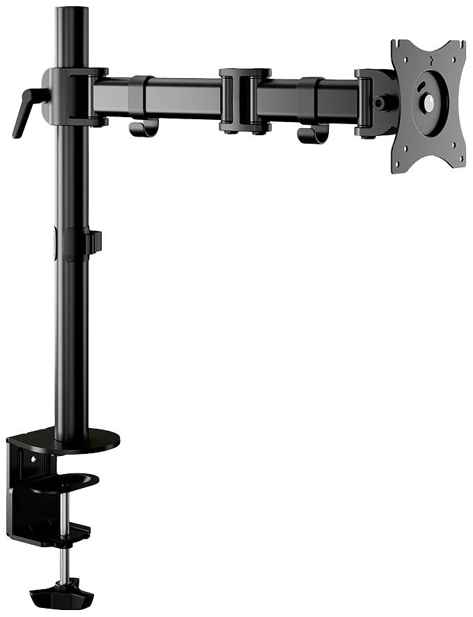 A black monitor arm with adjustable joint and clamp for attachment to a desk. Ideal for flexible screen positioning.
