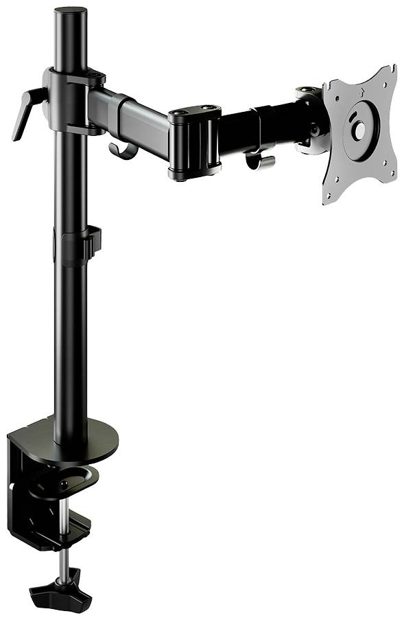 A black, adjustable metal monitor mount with a desk clamp and an articulated arm for flexible positioning of a display screen.