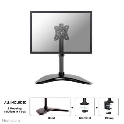 Monitor on stand base. Underneath, symbols for three mounting options: Stand, Grommet, Clamp. Text: 'ALL INCLUDED 3 Mounting Solutions in 1 Box'.