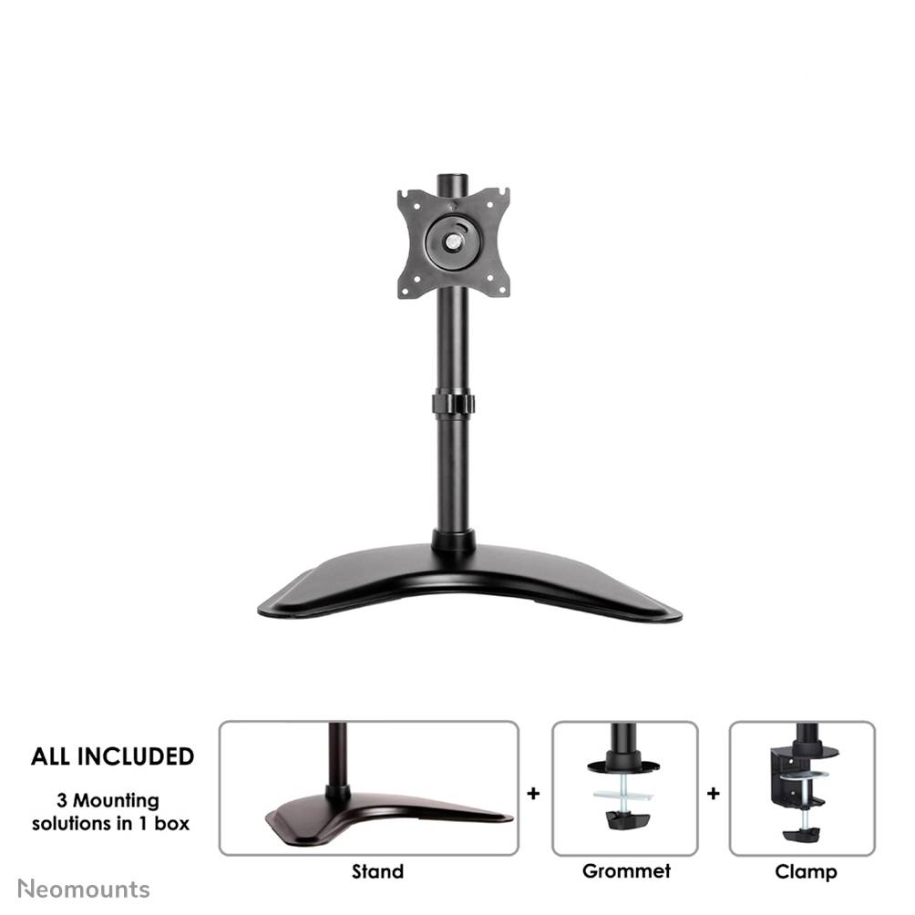 Monitor stand with adjustable mount, shown with base stand. Below: Diagram illustrates three mounting options - base stand, through-desk mounting, clamp.