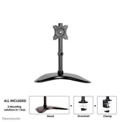 Monitor stand with adjustable mount, shown with base stand. Below: Diagram illustrates three mounting options - base stand, through-desk mounting, clamp.
