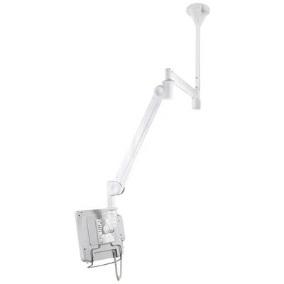 A white suspended arm for mounting monitors or devices, ceiling-mounted, with adjustable segments for flexibility.