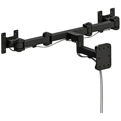 A black, adjustable monitor arm for three screens, mounted on a wall. Cables are neatly routed through the arm.