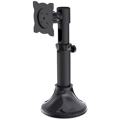 Black adjustable monitor stand with round base and VESA mount, suitable for screens of various sizes.
