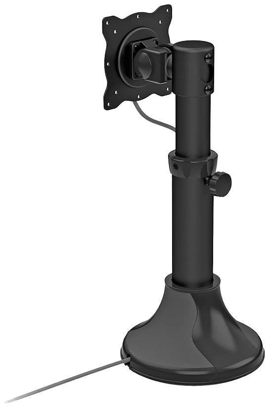 Black monitor stand with height-adjustable column and VESA mount. Model is mounted on a round base.