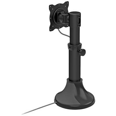 Black monitor stand with height-adjustable column and VESA mount. Model is mounted on a round base.
