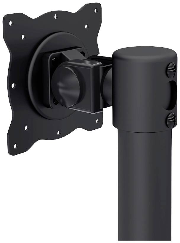 A black metal monitor mount in side view, showing the mounting plate and a joint at the end of a vertical arm.